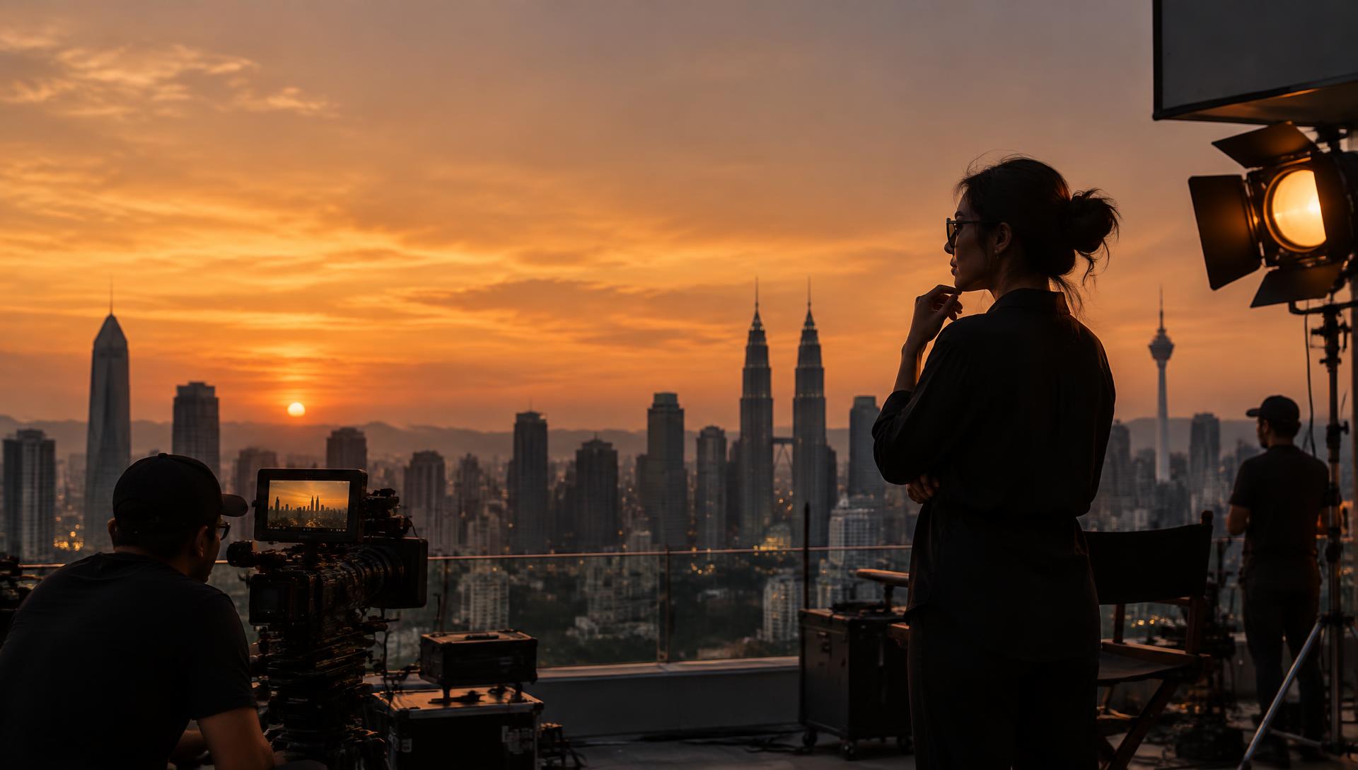 Film crew overlooking Kuala Lumpur at sunset